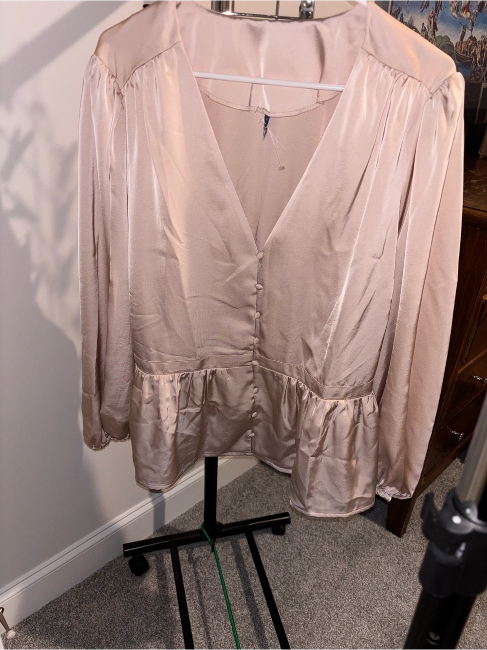 Old Navy Cream Satin Button-Front Peplum Blouse